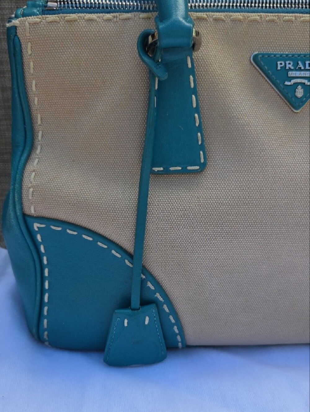 Prada Beige Canvas Satchel with Teal Leather Trim - Picture 5 of 17